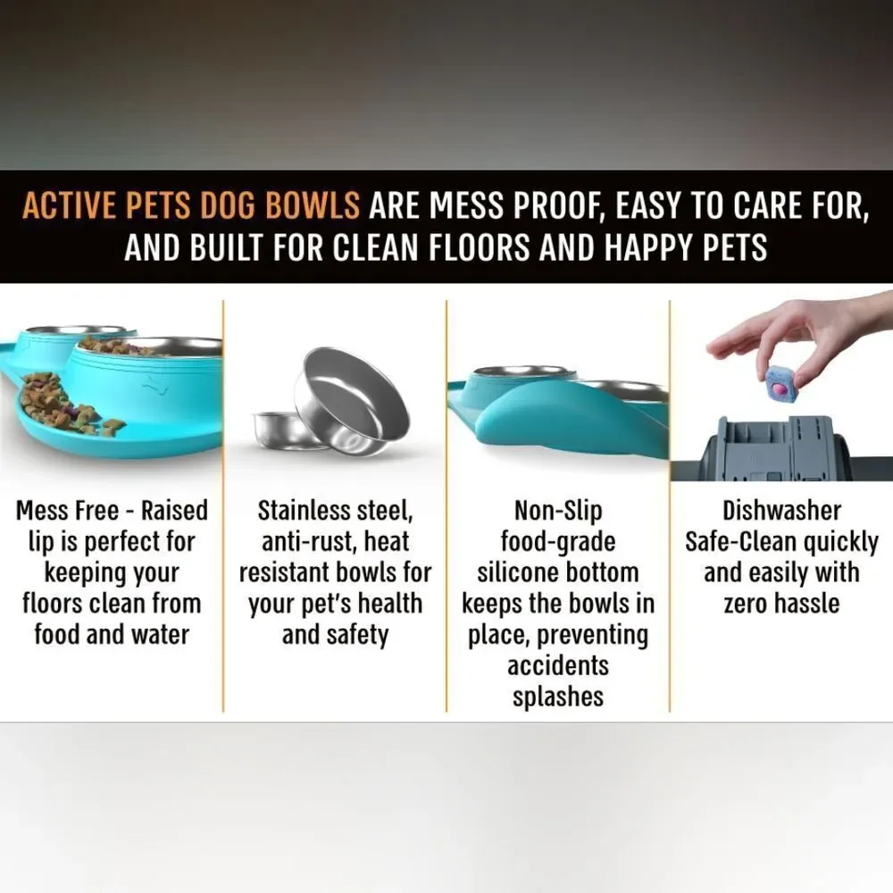 New Active Pets Dog Cat Bowl Set Stainless Steel No Spill Mess small silicone